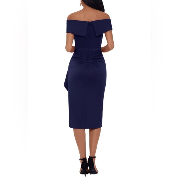 NWT Xscape Short Scuba Off-The-Shoulder Dress with Ruffle Sz 12 - Picture 2 of 5
